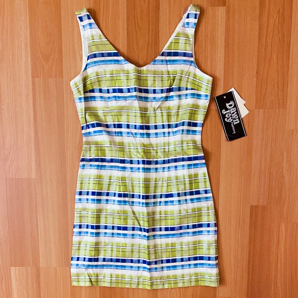 NWT Vintage y2k blue, lime green and white plaid shiny sleeveless minidress